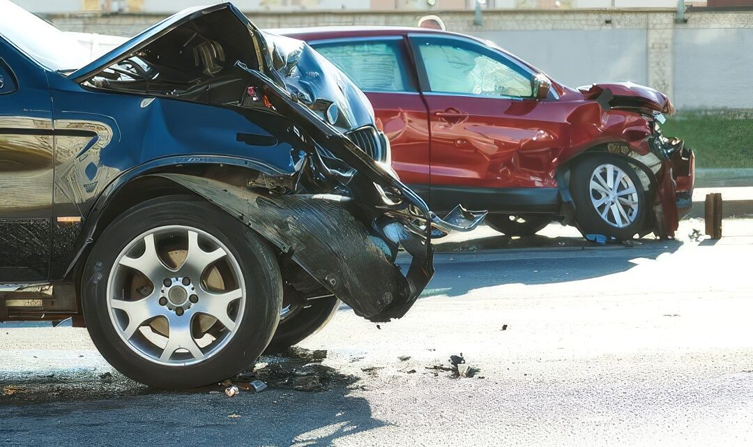 A scene of a car accident between two cars.