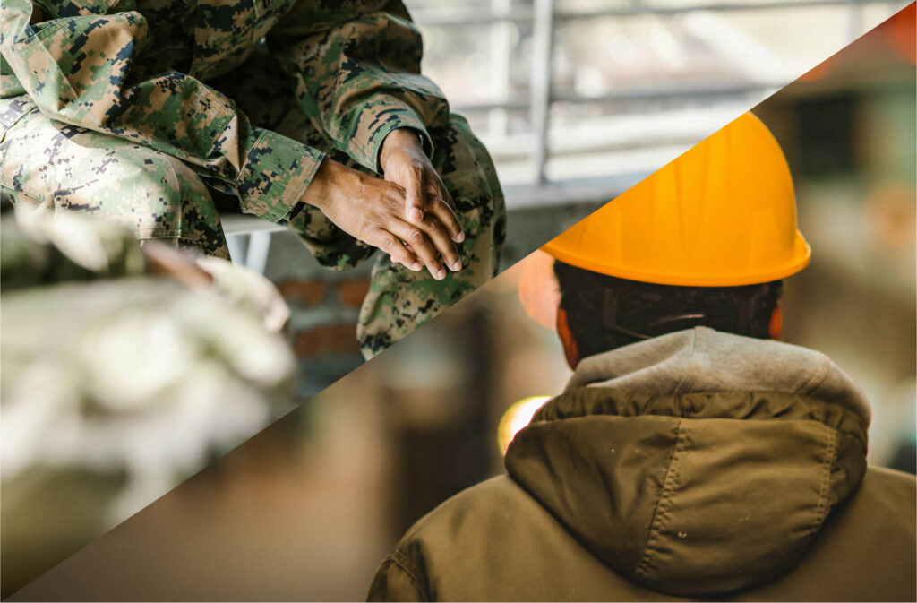 Split image showing a person in military uniform on the left and a worker in a yellow hard hat on the right.