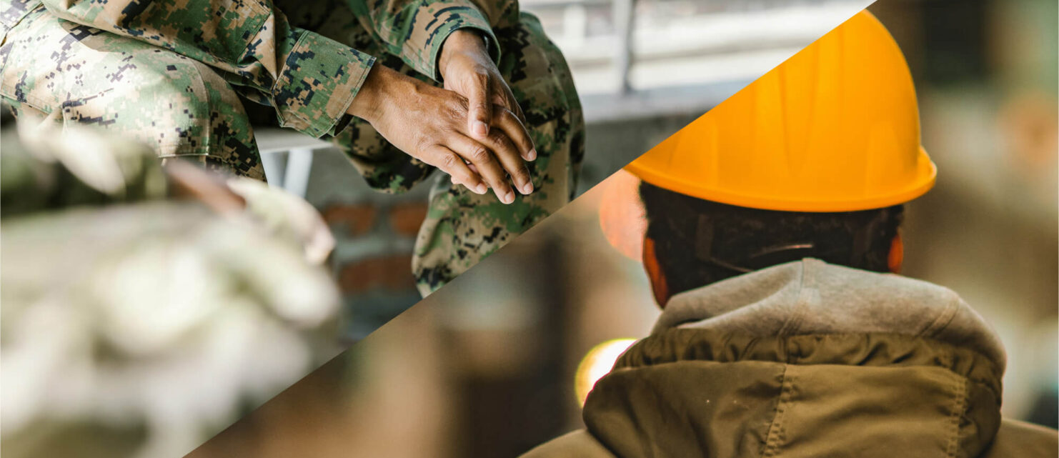 Split image showing a person in military uniform on the left and a worker in a yellow hard hat on the right.