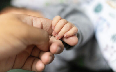 A newborn’s hand gently holding an adult’s finger, symbolizing care and protection.
