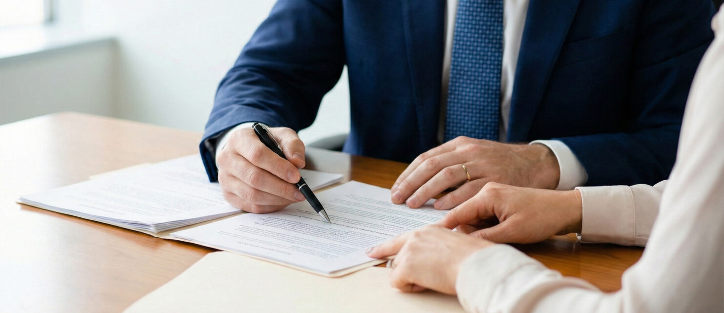 Attorney reviewing legal documents during a client consultation
