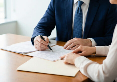 Attorney reviewing legal documents during a client consultation