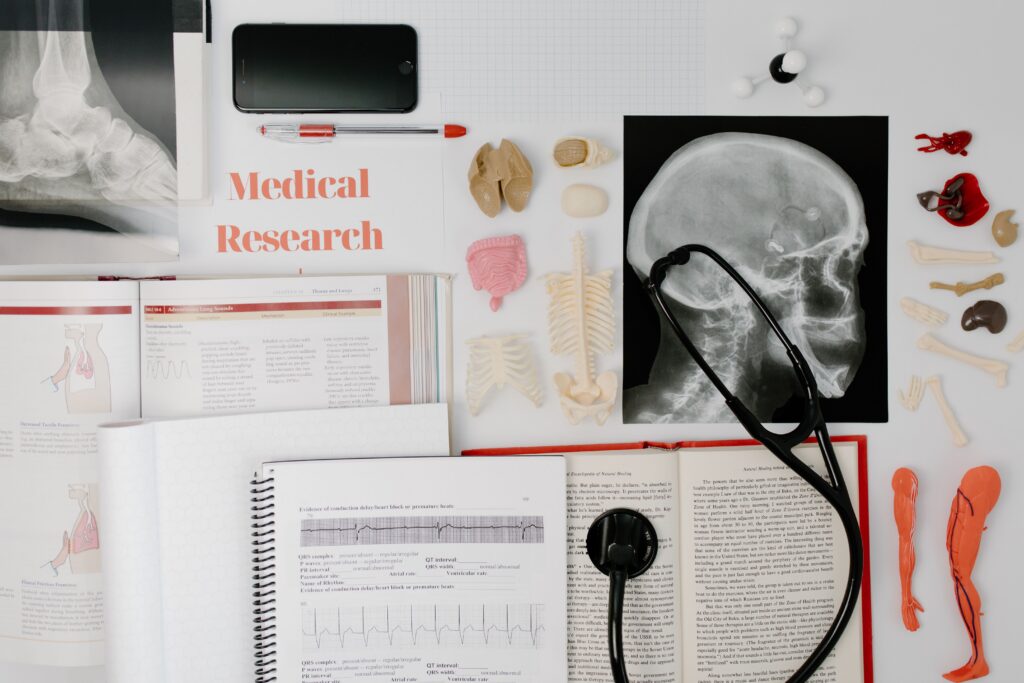 A collection of medical journals, devices, and tests